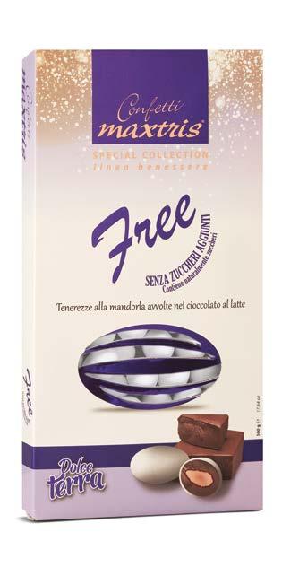 Maxtris Lactose Free Mandorla tostata avvolta da uno strato di cioccolato al latte senza lattosio e da un sottile strato di Toasted almond in milk chocolate lactose free, in a