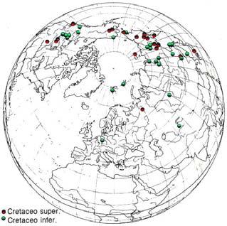 Distribuzione delle specie fossili di Ginkgo biloba del Cretaceo (140-65 Ma) rinvenute nel Nord America e nel continente