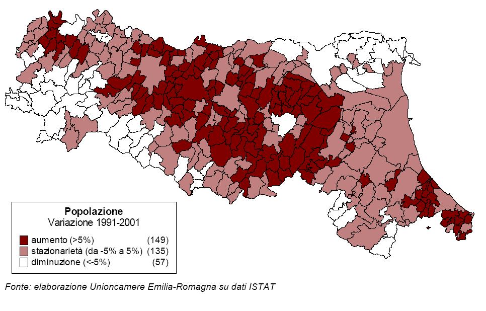 Variazione della popolazione per comune.