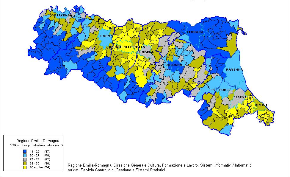 Popolazione 0-2 anni. Incidenza percentuale sulla popolazione totale residente al 01.01.2003 in Emilia Romagna per comune Popolazione 0-29 anni.