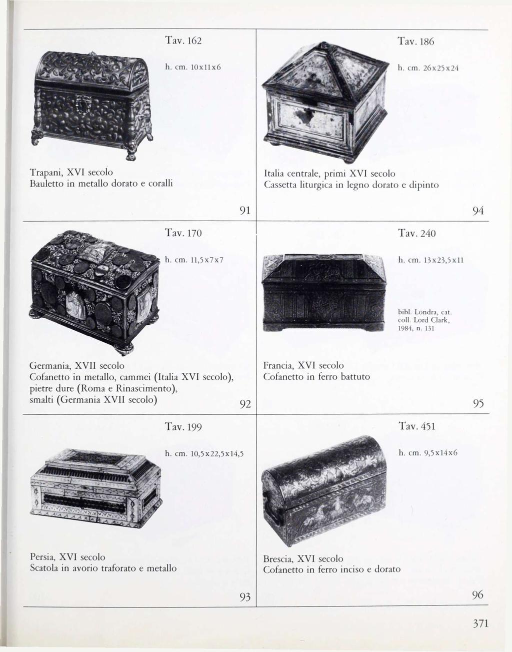 Tav. 162 Tav. 186 h. cm. 10x11x6 h. cm. 26x25x2-1 Trapani, XVI secolo Bauletto in metallo clorato e coralli Italia centrale, primi XVI secolo Cassetta liturgica in legno dorato e dipinto 91 94 Tav.