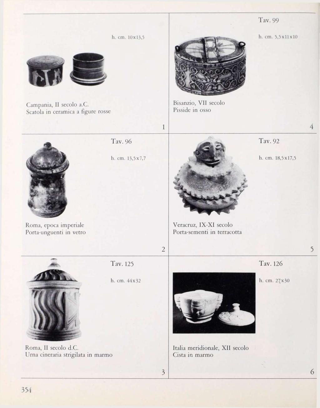 Tav. 99 h. cm. 10x13,5 h. cm. 5,5x11x10 Campania, II secolo a.c. Scatola in ceramica a figure rosse Bisanzio, VII secolo Pisside in osso Tav. 96 Tav. 92 h. cm. 13,5x7,7 h. cm. 18,5x17,5 Roma, epoca imperiale Porta-unguenti in vetro Veracruz, IX-XI secolo Porta-sementi in terracotta Tav.