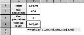Nell esempio proposto con l immagine seguente, l intervallo è fornito in ore (600) e la formula impiegata è =workday(b1;roundup(b2/$b$3;0)).