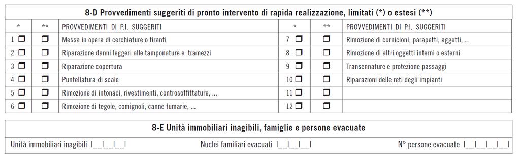 AeDES 7/2013 - SEZIONE 8 Giudizio di agibilità In queste due sezioni, la squadra è chiamata a indicare i provvedimenti finalizzati alla riduzione delle