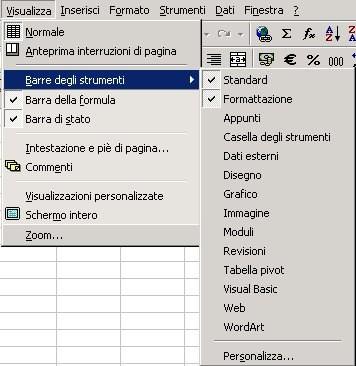 Le Barre degli Strumenti Oltre alle 2 barre possiamo attivare dal menu VISUALIZZA altre barre degli strumenti cliccando sulla voce che ci interessa (di