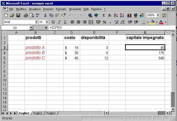 Esempio di formula =D3*E3 Massimo