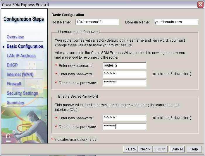 7) In questo passaggio si può configurare il nome del router (Host name), il nuovo nome utente (new username) e la nuova password (new