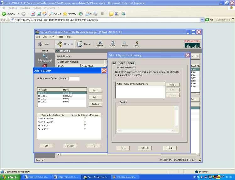 30) Configurazione del protocollo EIGRP per il routing dinamico; cliccando su Add