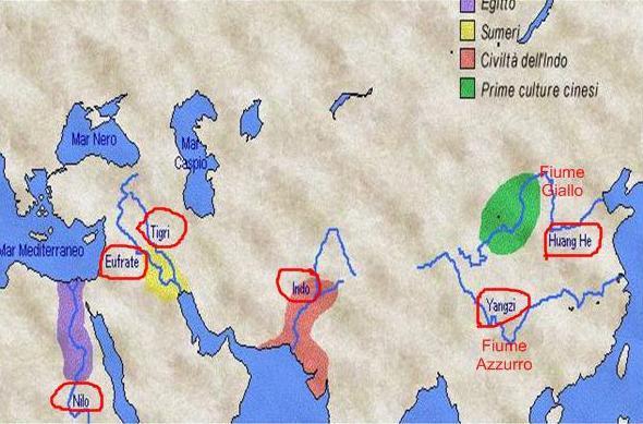 LE CIVILTÀ FLUVIALI Osserva la cartina e poi completa il testo: Le più antiche civiltà si svilupparono attorno ai fiumi: la civiltà egizia lungo il corso del.