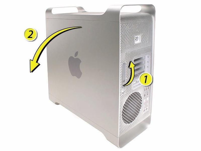 Passo 2 1) Tenere il pannello di accesso laterale e sollevare il fermo sul retro del computer. Attenzione: I bordi del pannello di accesso e l'involucro possono essere taglienti.