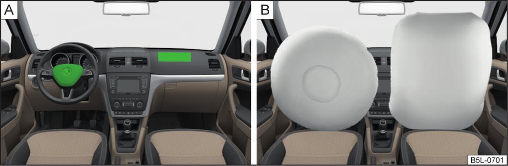 Airbag frontali Fig. 141 Ubicazione degli airbag / airbag riempiti con gas Fig. 142 Distanza di sicurezza dal volante Leggere innanzitutto le informazioni introduttive a pagina 182.