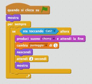 10-CHE SUCCEDE SE MOUSE 1 VIENE MANGIATO DAL GATTO MOUSE 1 PER SEMPRE cioè per tutta la durata del gioco... SE TOCCA CAT2 ALLORA fa aumentare il tuo punteggio di 1 attiva il suono chomp.