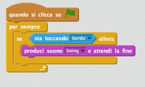 11-CHE SUCCEDE SE MOUSE 1 RIMBALZA CONTRO IL BORDO Prima di tutto devi cliccare su MOUSE 1 e prelevare dalla libreria dei suoni il suono boing (effetti).