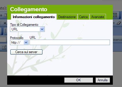 collegamento). Si apre una nuova finestra e nel campo URL si deve inserire il percorso (link).