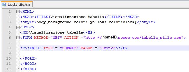 Codice pagina html di interfaccia: pagina ASP: tabella_stile.asp Codice pagina ASP: tabella_stile.