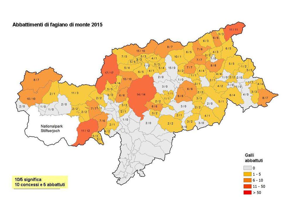 5. Analisi del prelievo venatorio Nel 2015 sono stati abbattuti 335 fagiani di monte a fronte di 468 capi assegnati.