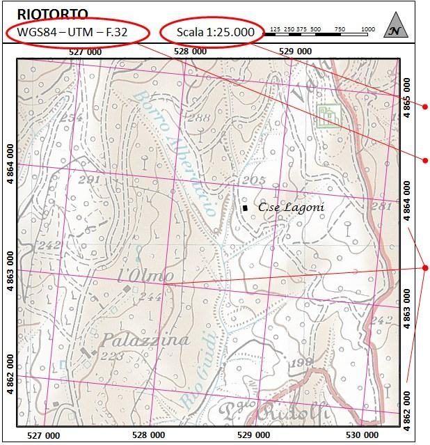 Elementi caratteristici della carta georeferenziata In una carta georeferenziata devono essere indicati: La scala.