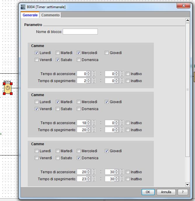 Il timer settimanale consente di impostare fino a tre programmi diversi (camme), dove l utente può scegliere i giorni e gli orari di attivazione/disattivazione Figura 13 I blocchi B003 e B006 sono