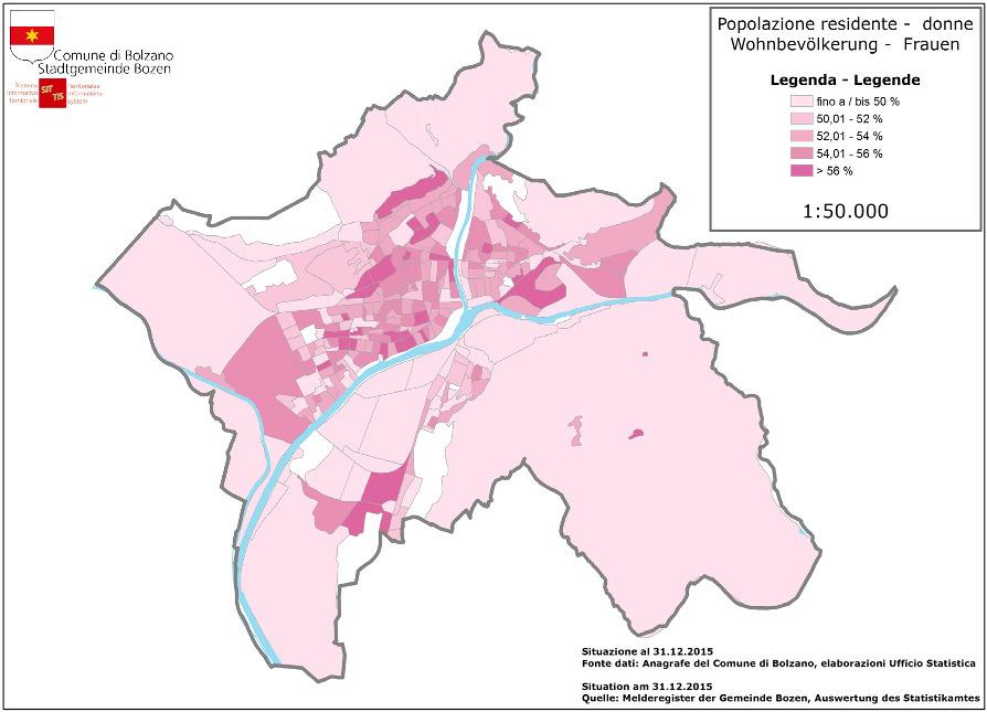 2. STRUTTURA E SVILUPPO DELLA POPOLAZIONE DI BOLZANO 2015 2.1. Situazione attuale Dalla statistica uiciale della popolazione, in data 31.12.2015 risultavano residenti a Bolzano 106.