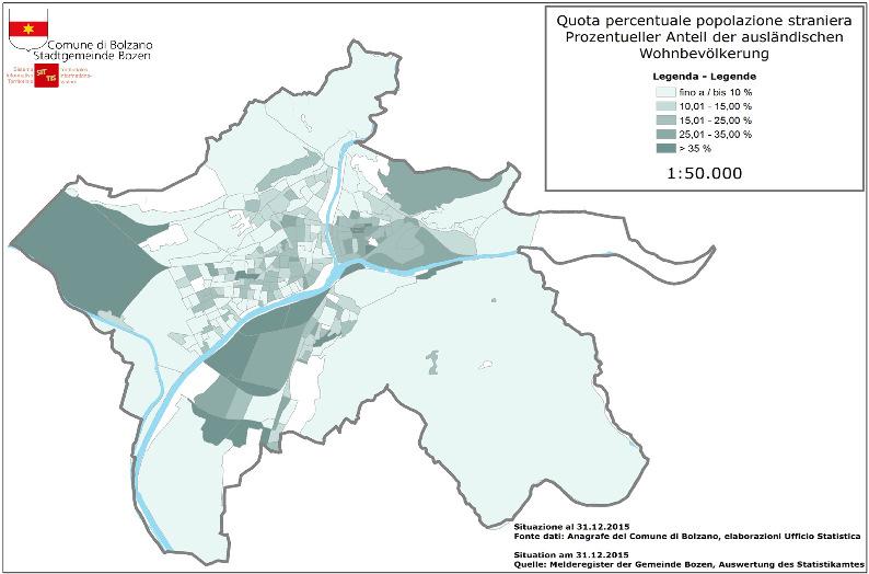 2.2.7. Stranieri residenti a Bolzano In data 31.12.2015 risultano iscritti nei registri anagraici del Comune di Bolzano 15.380 stranieri; ciò equivale ad un calo dello 0,5% rispetto all anno 2014.