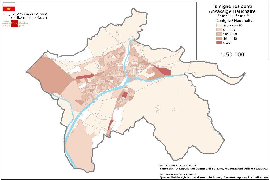 2.3. Composizione delle famiglie In data 31.12.2015 sono iscritte nei registri anagraici del Comune di Bolzano 48.767 famiglie (62 ovvero 0,1% in più rispetto al 2014). Graf. 2.23: Famiglie residenti 2.