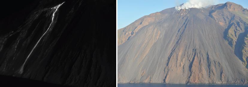 Figura 1 - Immagine termica (a sinistra) e foto (a destra) che mostrano il campo lavico attivo lungo la Sciara del Fuoco. Le immagini relative alla porzione più alta del campo lavico (Fig.