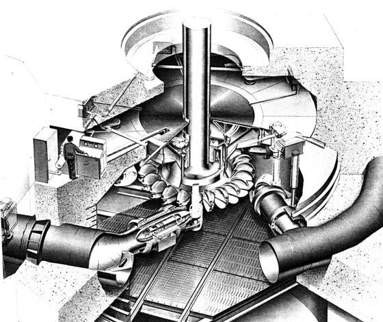 Spaccato di una turbina Pelton ad asse verticale a più getti. Fig.