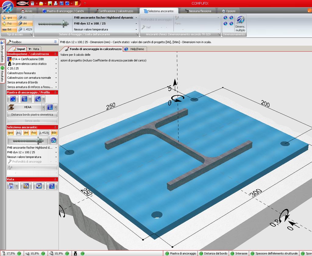 Inserimento dei dati (Input) Omologazione/Calcestruzzo Il software permette di eseguire il dimensionamento dei sistemi di ancoraggio seguendo diversi metodi: sulla base di certificazioni (ETA o DiBt)