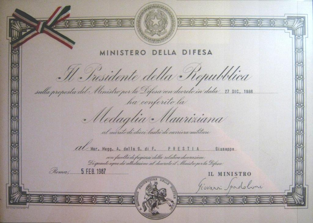 1987 5 febbraio Attestato di