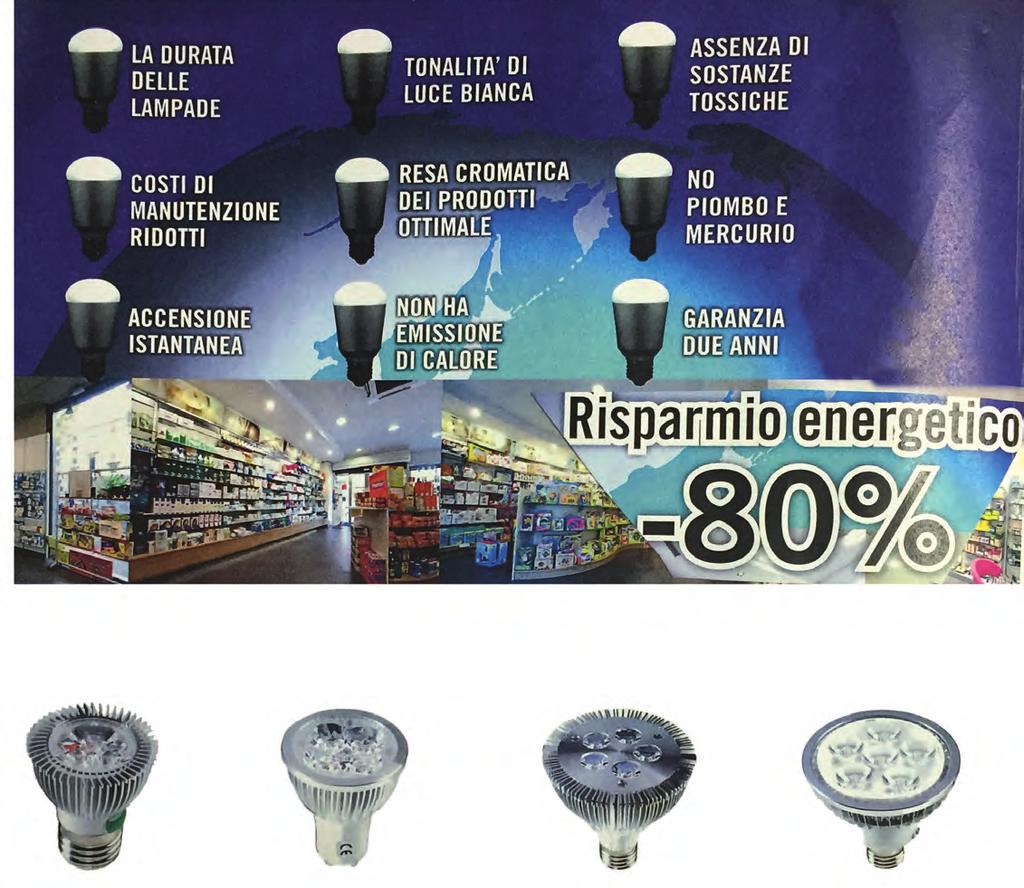 SA RISPARMIO ENERGETICO -80% FARETTI 265 V FARETTI INCASSO PROIETTORI PER FARMACIA COD. E27A COD. GU10A COD. PAR30A COD. PAR30C Potenza 4W (20w)* Efficienza 90 Im/w Temp.