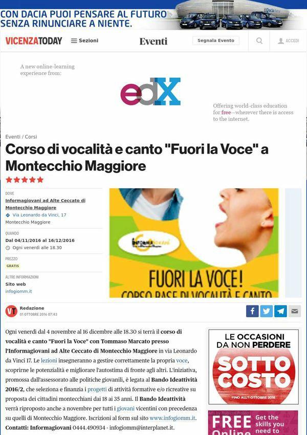 1 ottobre 2016 Vicenza Today Corso di vocalità e canto "Fuori la Voce" a 01 ottobre 2016 07:43 Condivisioni Ogni venerdì dal 4 novembre al 16 dicembre alle 18.