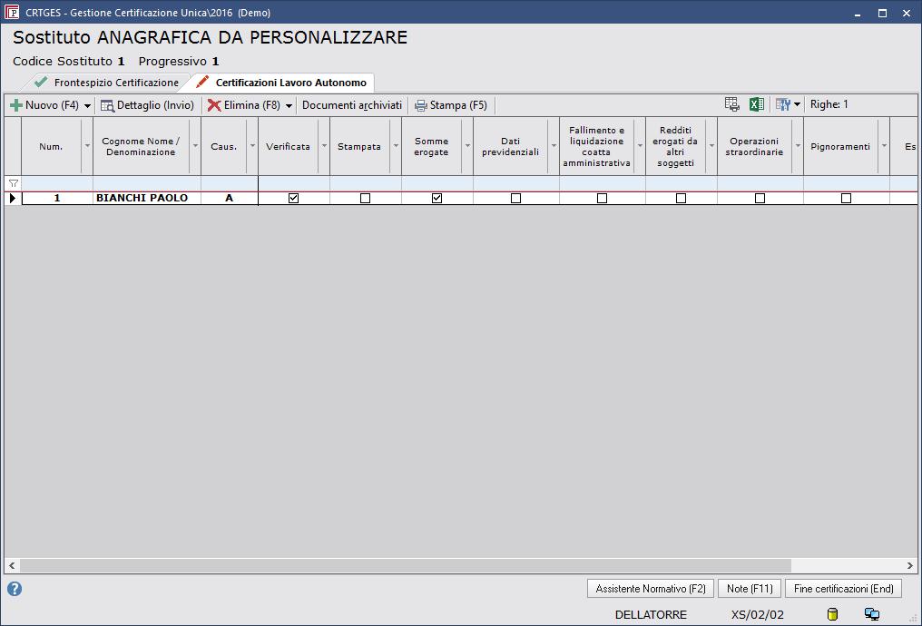 Tab Certificazioni Lavoro Autonomo : Da questa videata è possibile Modificare o Eliminare tutti i dati precedentemente derivati, o aggiungere dati mancanti con gli appositi pulsanti Nuovo (F4)