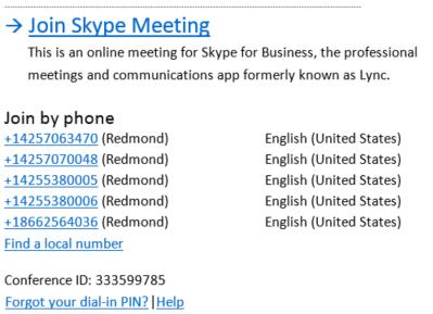 PSTN conferencing Consenti alle persone di collegarsi ad un meeting online tramite telefono o equivalente Utilizza un numero dial-in locale per collegarti ad uno Skype Meeting quando risulta più