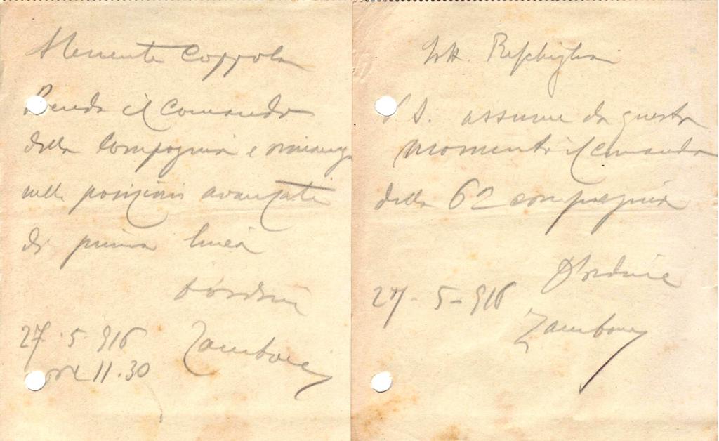 2 Matrici dei biglietti, firmati dal sottotenente Zamboni e datati 27 maggio 1916, con cui si ordina al sottotenente Coppola e al sottotenente Reschigliani di assumere immediatamente il comando di