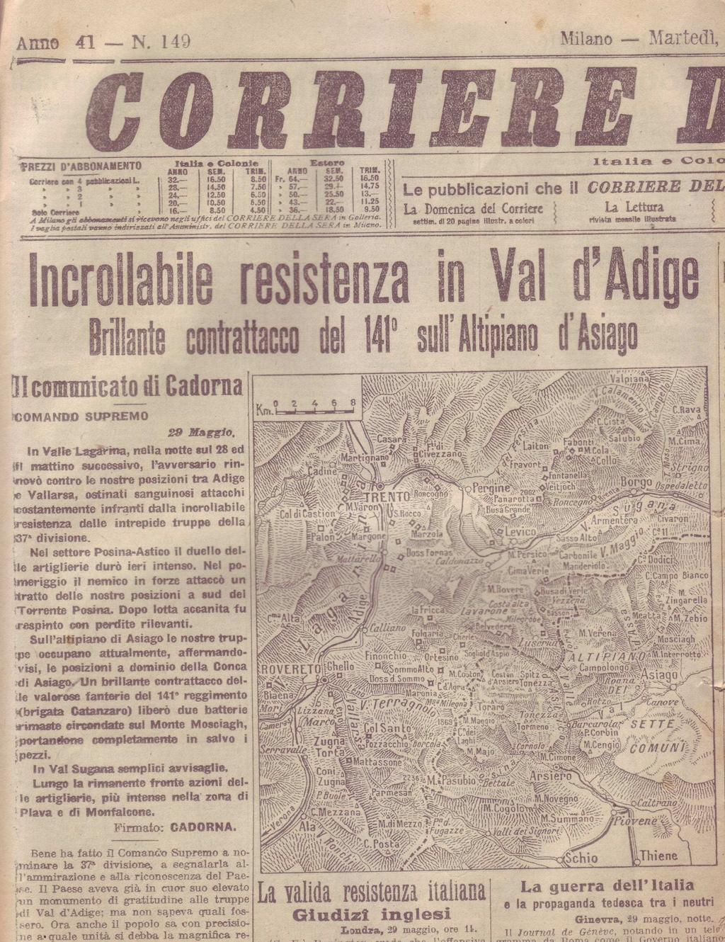 3 Prima pagina del Corriere della sera del 30 Maggio 1916 col Bollettino del Comando Supremo del 29 Maggio che cita