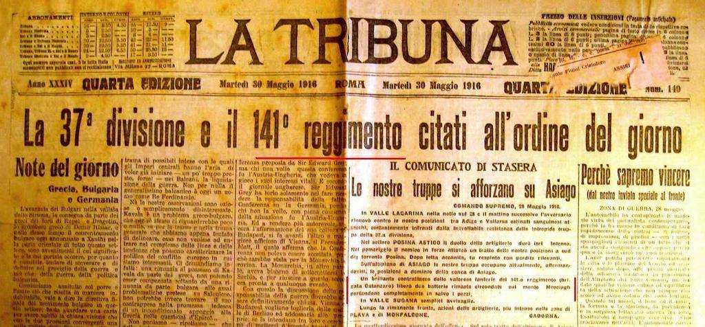 4 Prima pagina de La Tribuna del 30 Maggio 1916 col Bollettino del Comando Supremo del 29 Maggio.