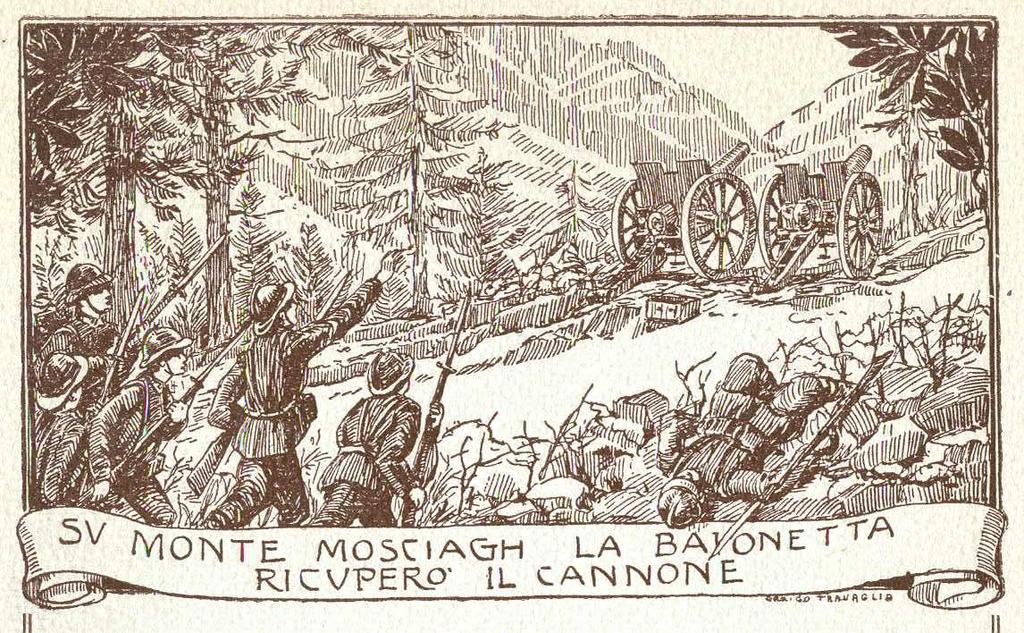 commosso, il 141 Fanteria trasse il suo motto glorioso: «Su Monte Mosciagh la baionetta ricuperò il cannone», Incisione che