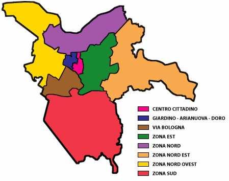 $ Comune di Ferrara Modello territoriale Nel grafico sono indicate le varie aree territoriale delle diverse circoscrizioni.