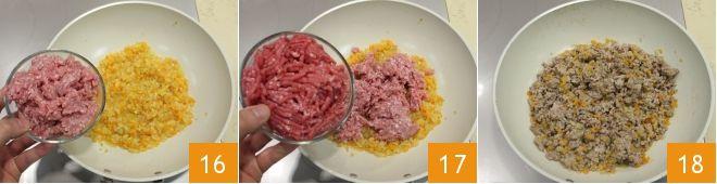 Fate scaldare un filo d olio e il burro in una padella antiaderente, dopodichè aggiungete il trito di cipolla, di sedano e di carota (13-14).