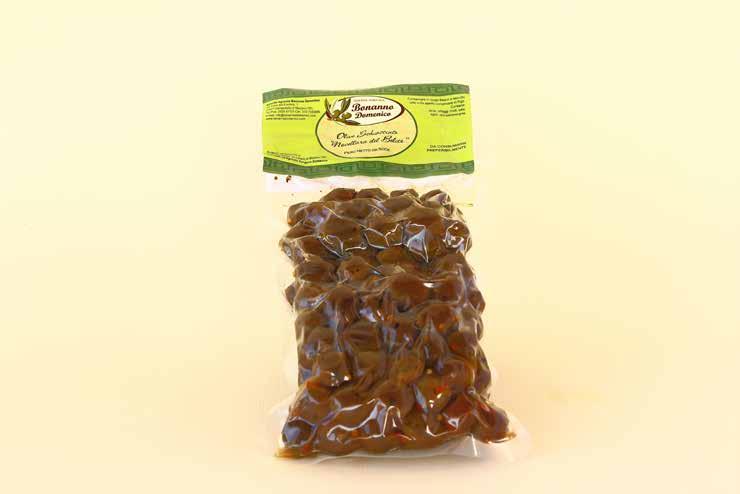 OLIVE SCHIACCIATE Confezione: busta sottovuoto Peso netto 50 Ingredienti: olive Nocellara del Belice, sale marino, ortaggi misti, agli, olio