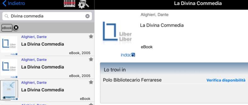 Nello smartphone occorre cliccare ulteriormente su Polo Bibliotecario Ferrarese (o il nome di qualsiasi altra biblioteca che possiede la risorsa).