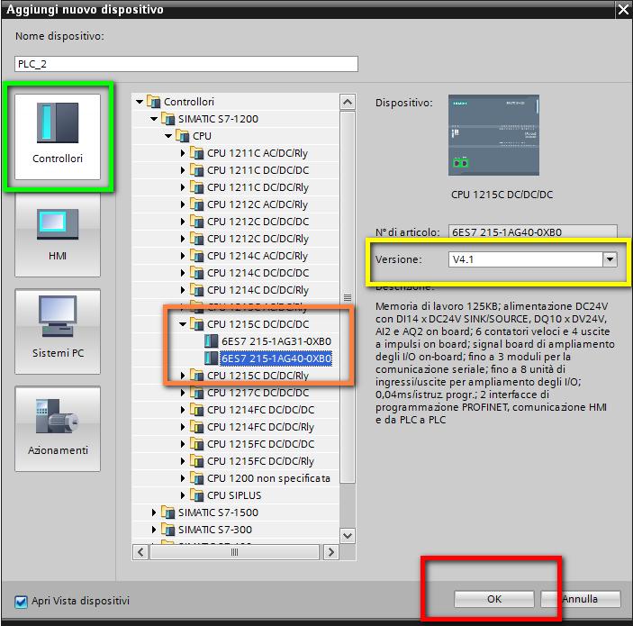 Selezionare Controllori (riquadro verde in figura), aprire l albero Simatic S7-1200 e scegliere la CPU desiderata (per l esempio in oggetto è stata scelta la CPU