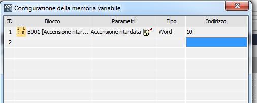 inserire l accensione ritardata; in automatico il software assegna il Tipo di dato (Word) ed un Indirizzo (0). N.B.
