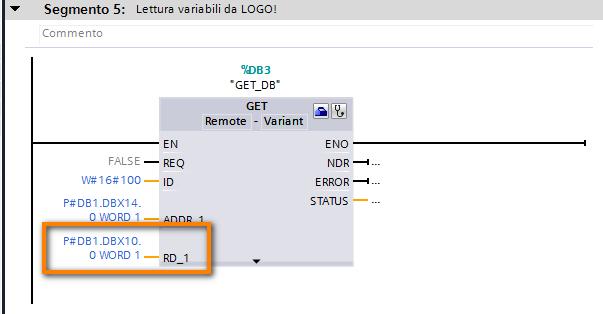 Per la costruzione dei puntatori seguire le regole precedentemente descritte. In questo caso il puntatore da usare per LOGO! è il seguente: VW14 (AQ operazione matematica blocco B002) P#DB1.DBX14.