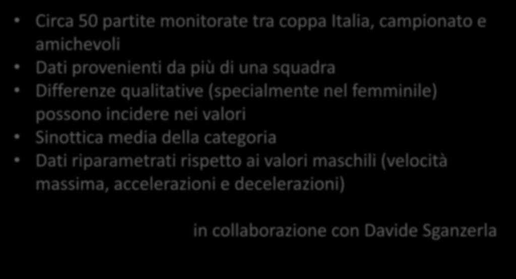 Maschile vs femminile: differenze nella sinottica Circa 50 partite monitorate tra coppa Italia, campionato e amichevoli Dati provenienti da più di una squadra Differenze qualitative (specialmente nel