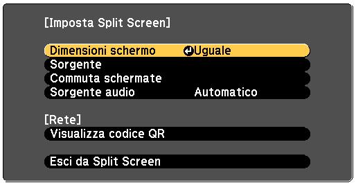 Proiezione di due immgini simultnemente 57 L funzione split screen può essere ust per proiettre simultnemente due immgini d due sorgenti immgine diverse.