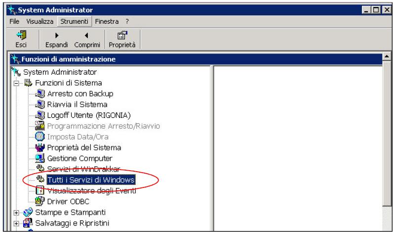 stampante. LATO SERVER Per controllare il servizio dal server lanciare System Administrator _ Funzioni di Sistema _ Tutti i servizi di Windows (Fig. 19).