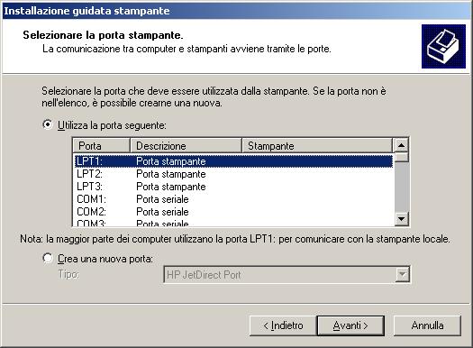 INSTALLAZIONE DEI DRIVER DI STAMPA 12 4 Selezionare LPT1: e fare clic su Avanti. 5 Nella finestra di dialogo con l elenco dei produttori e delle stampanti, fare clic su Disco driver.