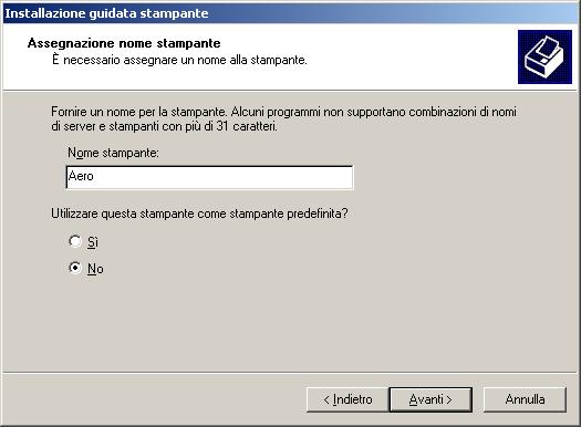 INSTALLAZIONE DEI DRIVER DI STAMPA 13 9 Nel campo Nome stampante, digitare un nome per l unità Fiery e specificare se si desidera che sia la stampante predefinita, quindi fare clic su Avanti.