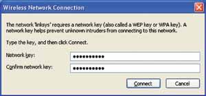 Se la rete utilizza la protezione wireless Wi-Fi Protected Access (WPA/WPA2), immettere la passphrase utilizzata nei campi Chiave di rete e Conferma chiave di rete. Fare clic su Connetti.
